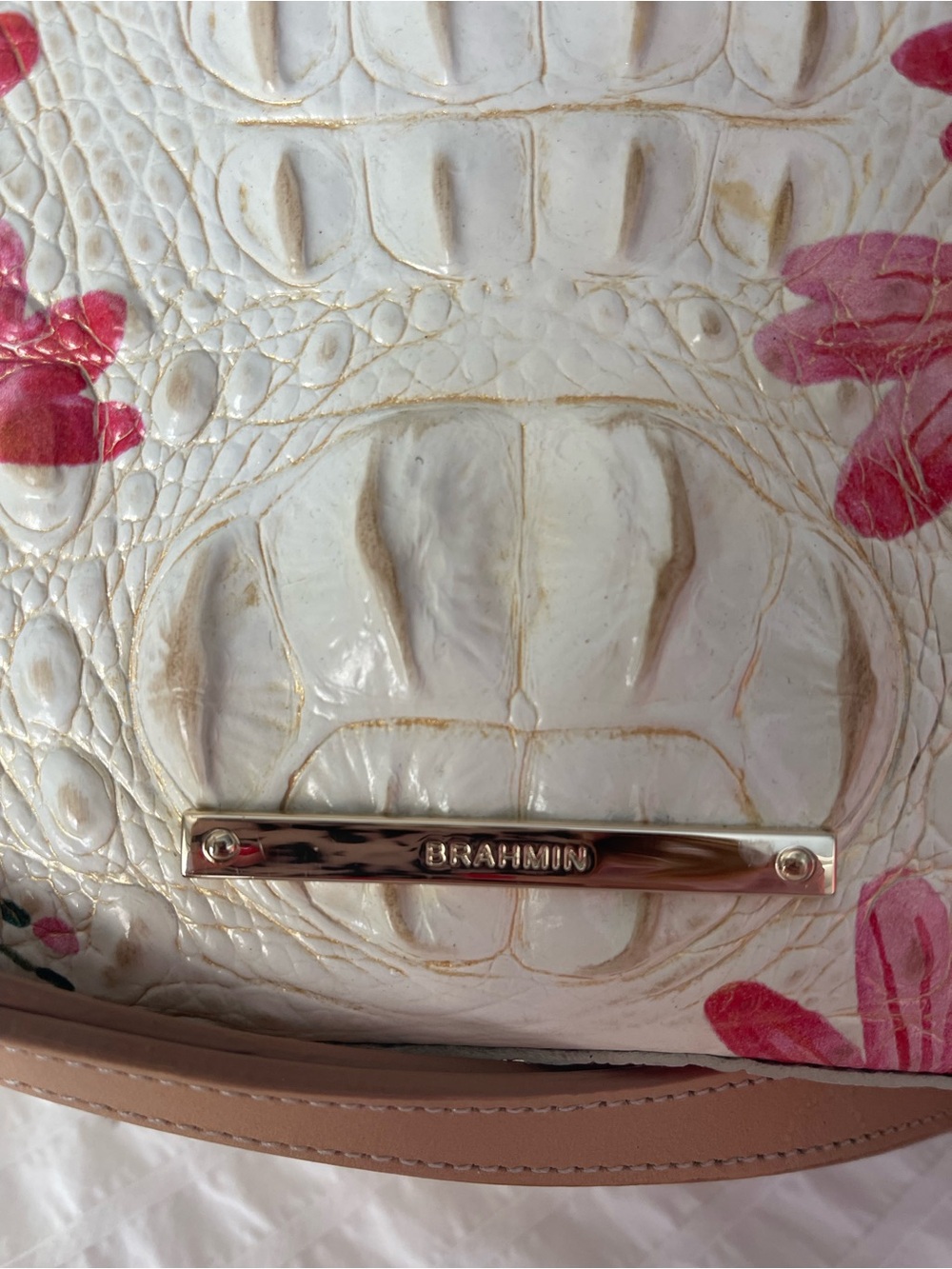 Brahmin Cream Floral Embossed Leather Tote with Tan Handles - Picture 5 of 8